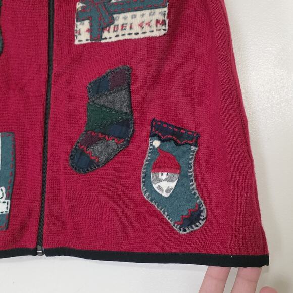 Vtg Woolrich Christmas Sweater Women S Red Patchwork Full Zip Vest Holiday Cotta - Picture 3 of 8